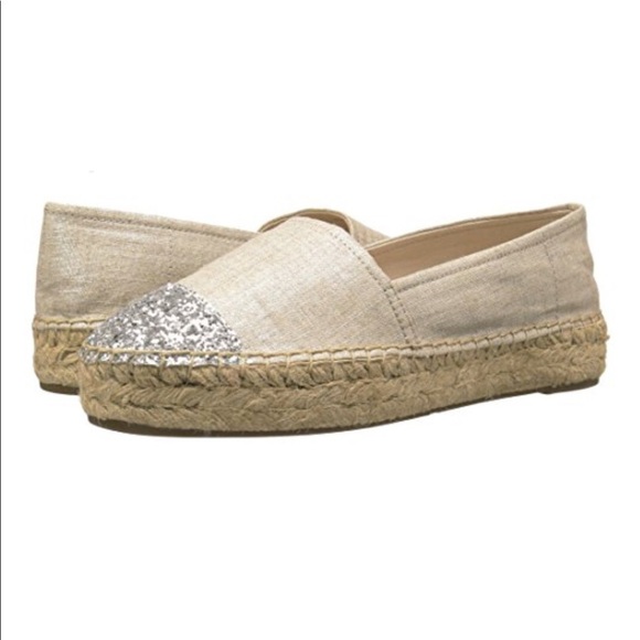 Guess 🔥SALE🔥 tan JAALI espadrilles with glitter cap toe Sz8.5 - Picture 2 of 9